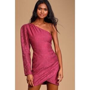 Lulus Emogene Magenta Burnout Floral One Shoulder Mini Dress - Medium